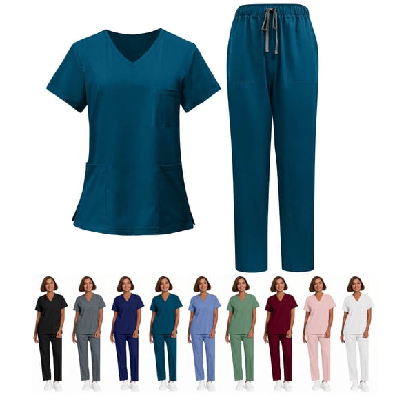 Scrubs for Women Set, V-Neck Top & Straight Leg Pants with 5 Pockets Easy Care, Quick Dry For Nurses, Clinics Uniforms, Long Workdays, Daily Wear Dark Blue 3XL