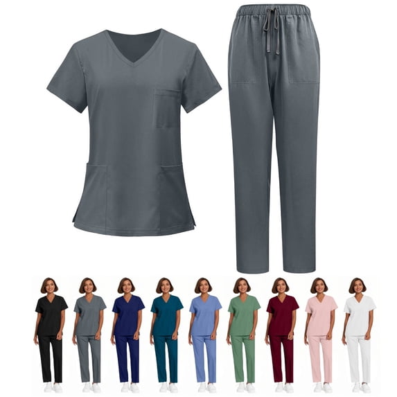 Scrubs for Women Set, V-Neck Top & Straight Leg Pants with 5 Pockets Easy Care, Quick Dry For Nurses, Clinics Uniforms, Long Workdays, Daily Wear Gray 2XL