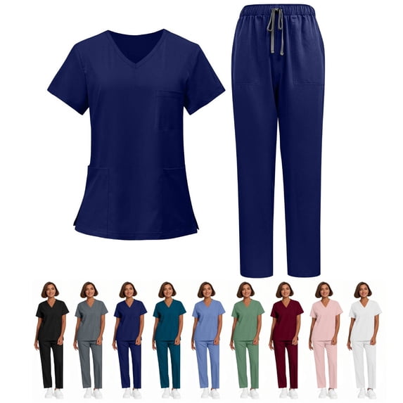 Scrubs for Women Set, V-Neck Top & Straight Leg Pants with 5 Pockets Easy Care, Quick Dry For Nurses, Clinics Uniforms, Long Workdays, Daily Wear Navy S