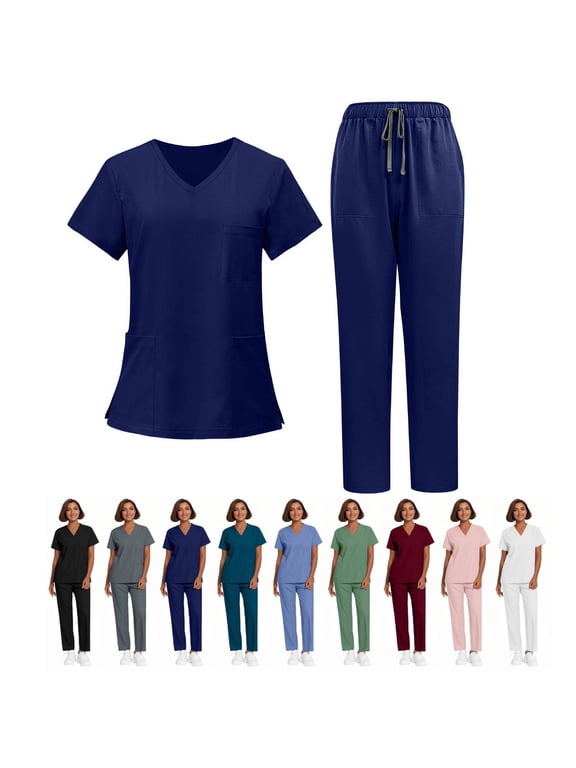 Scrubs for Women Set, V-Neck Top & Straight Leg Pants with 5 Pockets Easy Care, Quick Dry For Nurses, Clinics Uniforms, Long Workdays, Daily Wear Navy XL