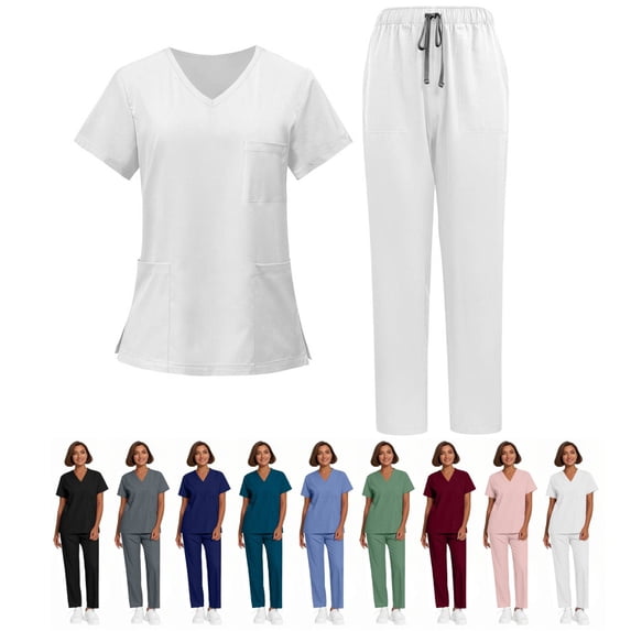 Scrubs for Women Set, V-Neck Top & Straight Leg Pants with 5 Pockets Easy Care, Quick Dry For Nurses, Clinics Uniforms, Long Workdays, Daily Wear White M