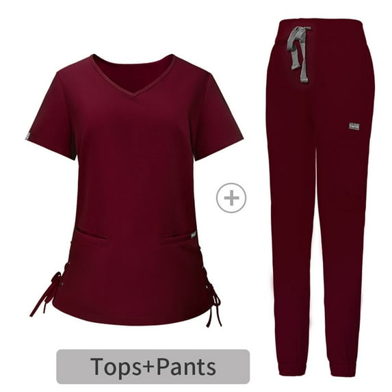 Scrubs Women Set Winter Rollbacks Kojanyu Women's Short Sleeved Solid Color Pocket Protective Suit Sets Wine (S)