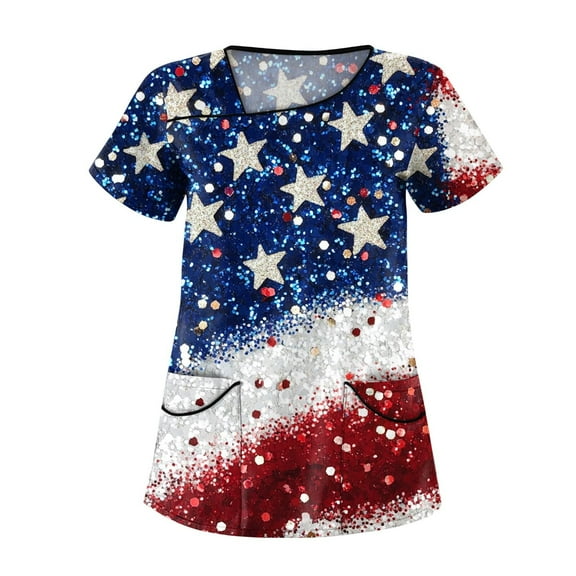 Scrubs, For Women Tops 4Th Of July Plus Size Skew Collar Short Sleeve Workwear With Double Layer Pockets Red White And Royal Blue American Flag Top Shirts Scrubs Shirts Tank (S, Dark Blue) ZMTing