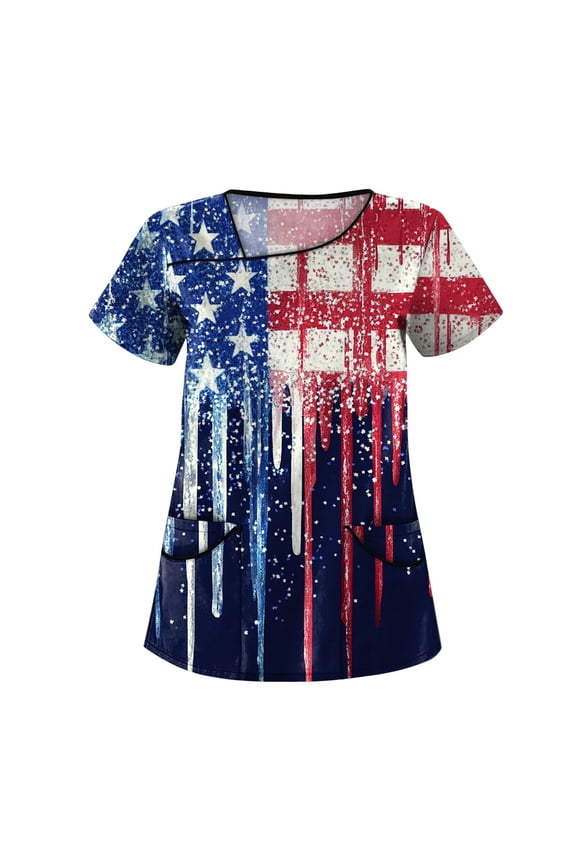Scrubs For Women Tops, 4Th Of July Scrub Tops Plus Size Skew Collar Short Sleeve Workwear With Pockets Red White And Royal Blue American Flag Top Scrubs Set Outfits Tank (5XL, Multicolor) ZMTing
