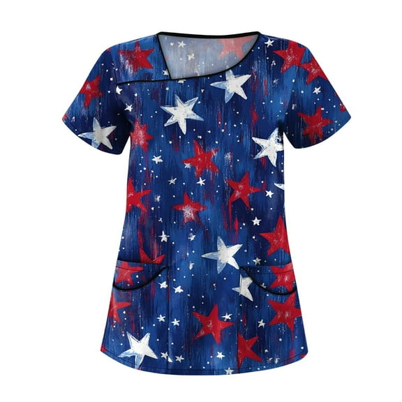 Scrubs For Women Tops, 4Th Of July Scrub Tops Plus Size Skew Collar Short Sleeve Workwear With Pockets Red White And Royal Blue American Flag Top Scrubs Tops Outfits Tank (S, Blue) ZMTing
