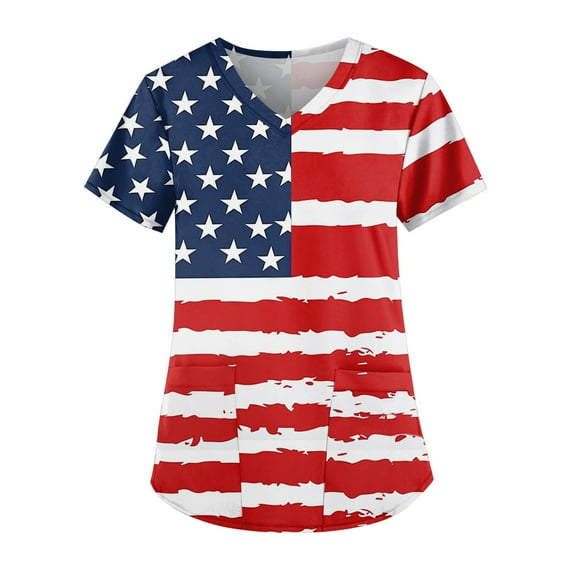 Scrubs For Women Tops, 4Th Of July Scrub Tops Plus Size V Neck Short Sleeve Workwear With Double Layer Pockets Red White And Royal Blue American Flag Top Scrubs Shirts (XXL, Vermilion) ZMTing