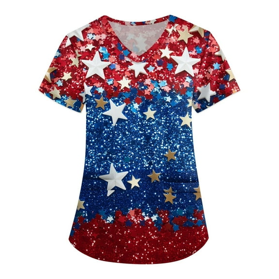 Scrubs For Women Tops, 4Th Of July Scrub Tops Plus Size V Neck Short Sleeve Workwear With Pockets Red White And Royal Blue American Flag Top Womens Flowy Summer Scrubs Tops (3XL, Red) ZMTing