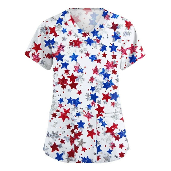 Scrubs, For Women Tops 4Th Of July V Neck Short Sleeve Workwear With Pockets Red White And Royal Blue American Flag Top Cargo Scrub Pants Outfits Romper Tops Shirts Tank (XXL, White) ZMTing