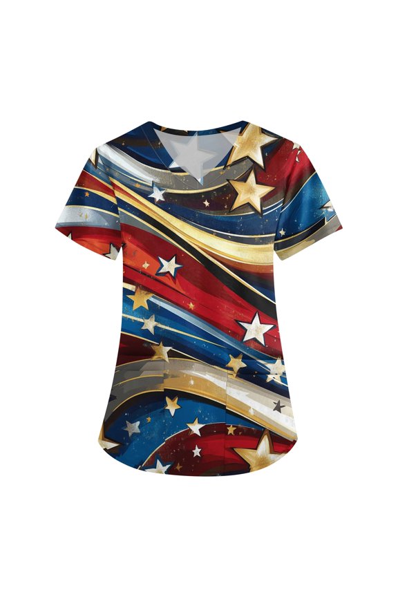 Scrubs, For Women Tops 4Th Of July V Neck Short Sleeve Workwear With Pockets Red White And Royal Blue American Flag Top Gray Scrubs Set Womens Tops Tank Pride Outfits Tops (M, Vermilion) ZMTing