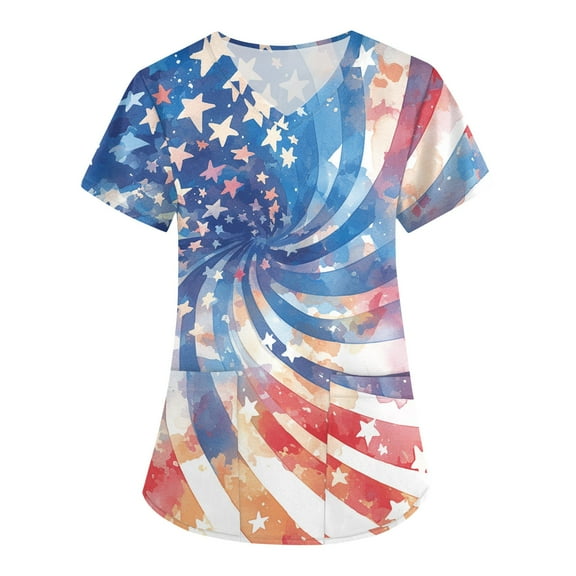 Scrubs For Women Tops, 4Th Of July V Neck Short Sleeve Workwear With Pockets Red White And Royal Blue American Flag Top Scrubs Bouffant Caps Tops Outfit Womens Tops Outfits (M, Sky Blue) ZMTing