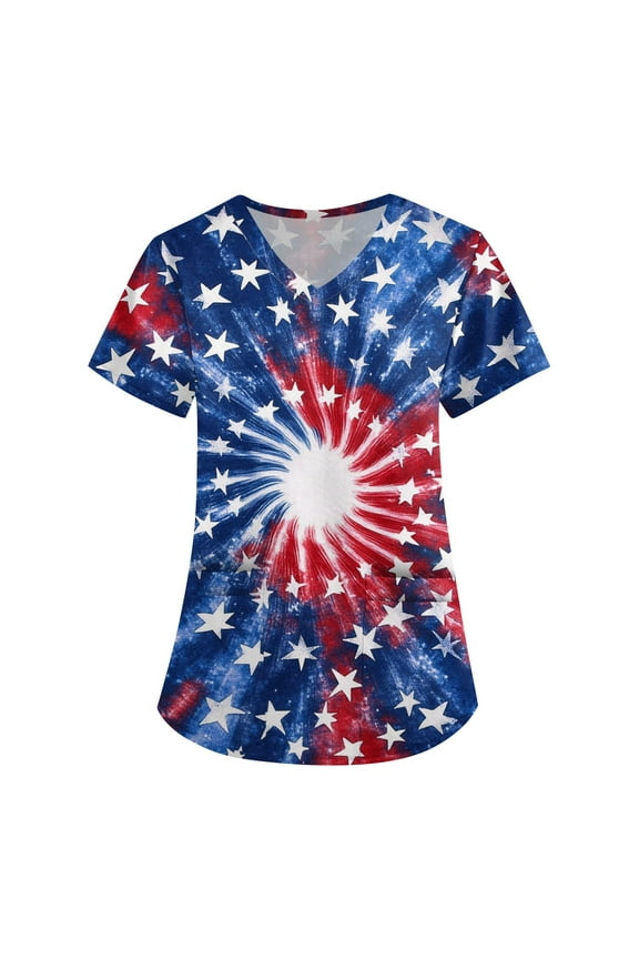 Scrubs For Women, Tops 4Th Of July V Neck Short Sleeve Workwear With Pockets Red White And Royal Blue American Flag Top Womens Scrub Sets Maternity Top Shirts Outfit Tank (M, Blue) ZMTing