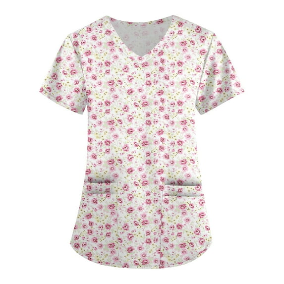 Scrubs For Women Tops, Breathable Loose-Fit Women'S Scrub Top Floral Pattern, Short Sleeve, V Neck & Functional Pockets Maternity Pants Ladies Tops Athletic Tank Tops Work (4XL, Light pink) ZMTing