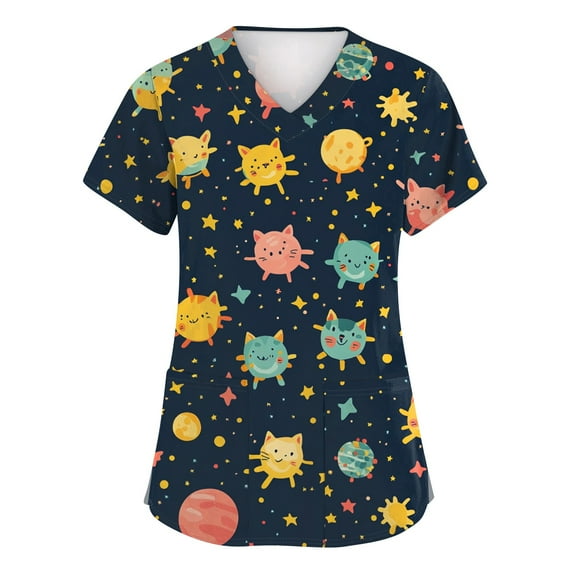Scrubs For Women Tops, Cute Animal Print Scrub Top-Loose Fit Short Sleeve V Neck Healthcare Uniform With Pocket Royal Blue Scrubs Womens Long Tops Trendy Tops Shacket Tank (4XL, Yellow) ZMTing