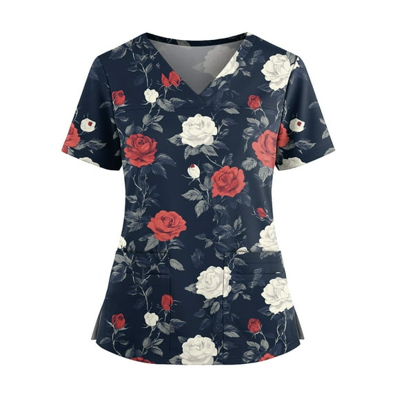 Scrubs For Women Tops, Plus Size Floral Print Nurse Scrub Top With Pockets, V Neck Side Slit Short Sleeve Stretchy Work Uniform Tops-Quick Dry Casual Shirts Scrubs Set (3XL, Dark Blue) ZMTing