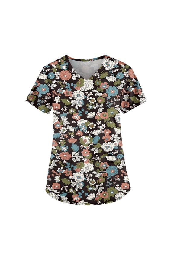 Scrubs For Women Tops, Plus Size Floral Printed Scrub Working Uniform Tops V Neck Short Sleeve Tshirts Workwear Tee With Pockets 4Th Of July Tops Sexy Tank Tops Shirts Tank (S, Green) ZMTing