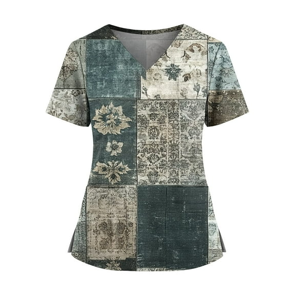 Scrubs For Women Tops, Plus Size Nurse Scrubs Floral Print V Neck Short Sleeve Top With Side Pockets, Split Hem-Comfortable Healthcare Work Uniform Tops White Scrubs Workout (4XL, Dark Green) ZMTing