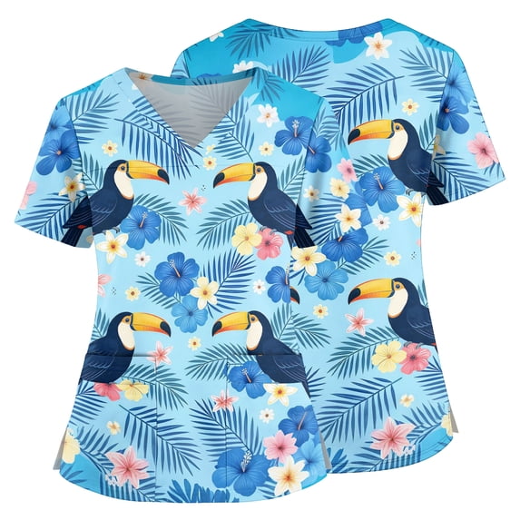 Scrubs for Women V Neck Plus Size Scrubs Tops Hawaiian Tropic Nurse Scrubs Stretchy Summer Holiday Short Sleeve Trendy Uniform Shirts With Pockets Blue 3XL