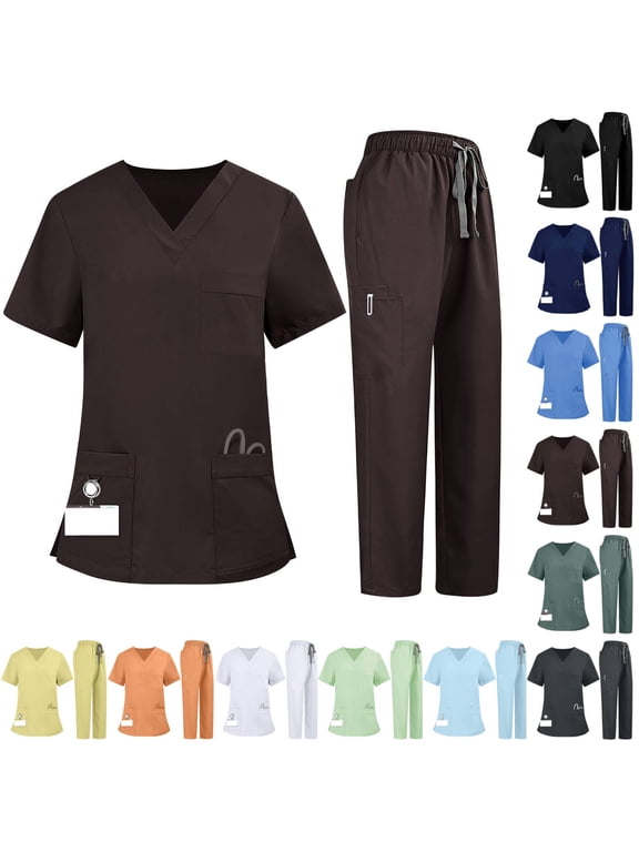 Scrubs for Women V-Neck Scrub Uniform Top with Straight Leg Pants Moisture-Wicking Soft Fabric 8 Utility Pockets, Flexible Comfort Professional Fit, Ideal for Nurses Staff Brown S