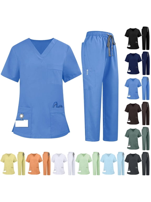 Scrubs for Women V-Neck Scrub Uniform Top with Straight Leg Pants Moisture-Wicking Soft Fabric 8 Utility Pockets, Flexible Comfort Professional Fit, Ideal for Nurses Staff Blue M