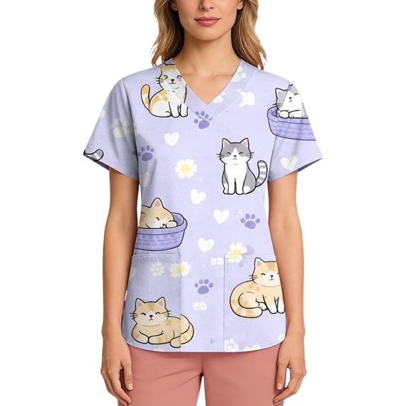 Scrubs Women V-Neck Short Sleeve Cute Cartoon Animals Pattern Scrub Tops Stretchy Breathable Nurse Shirts