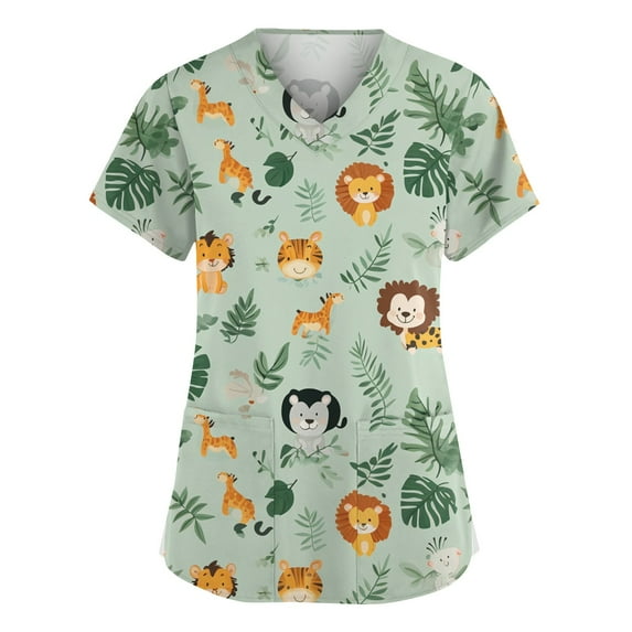 Scrubs Women, V Neck Short Sleeve Scrubs Uniform Top-Cute Cartoon Print, Comfortable Stretchy Scrubs With Pockets Black Pants For Women Short Tops Dressy Tank Top Casual (5XL, Light Green) ZMTing