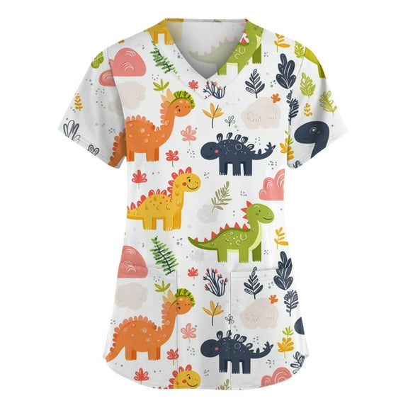 Scrubs For Women, V Neck Short Sleeve Scrubs Uniform Top-Cute Cartoon Print, Comfortable Stretchy Scrubs With Pockets Women Set Asymmetrical Tops Button Down Shirts Workout (M, Saffron) ZMTing