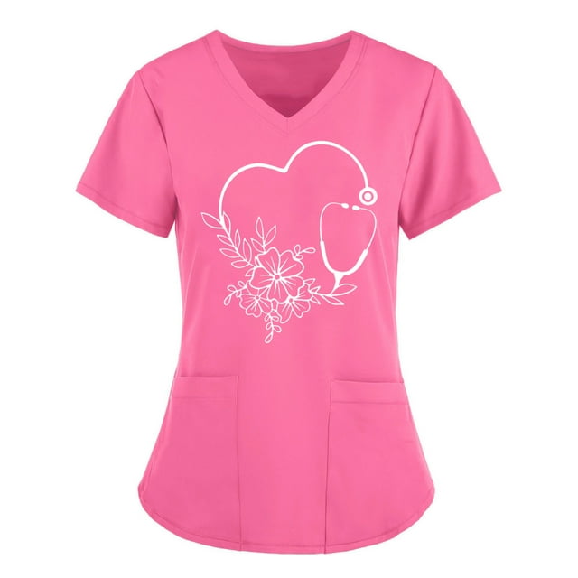 Scrubs for Women,Womens Print Scrubs Tops Summer Nurse Short Sleeve V Neck Workwear Heart Print Working Uniform Blouse Medical Scrubs With Pockets on Clearance