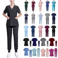 thumbnail image 1 of Scrubs Womens Set Nurse Medical Uniform Solid Stretchy Scrubs Suit V Neck Pocket Top Shirts Wide Leg Jogger Pants, 1 of 5