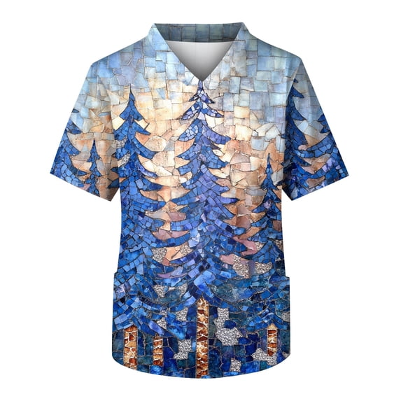 Scrubs for Men Chest Pocket V-Neck Short Sleeve Printed Shirts Work Wear Uniform Daily Wear Tops