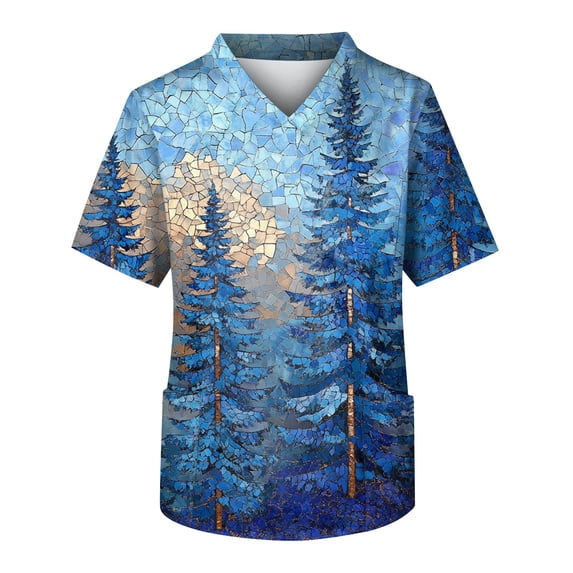 Scrubs for Men Chest Pocket V-Neck Short Sleeve Printed Shirts Work Wear Uniform Daily Wear Tops