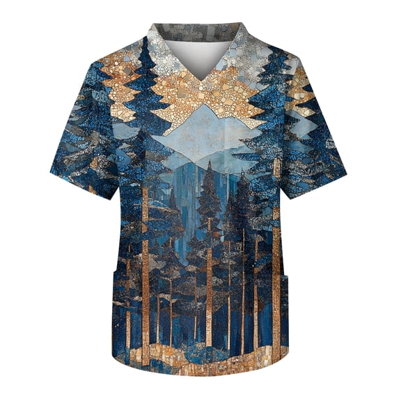Scrubs for Men Chest Pocket V-Neck Short Sleeve Printed Shirts Work Wear Uniform Daily Wear Tops