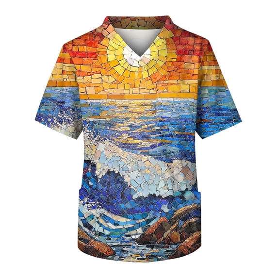 Scrubs for Men Chest Pocket V-Neck Short Sleeve Printed Shirts Work Wear Uniform Daily Wear Tops