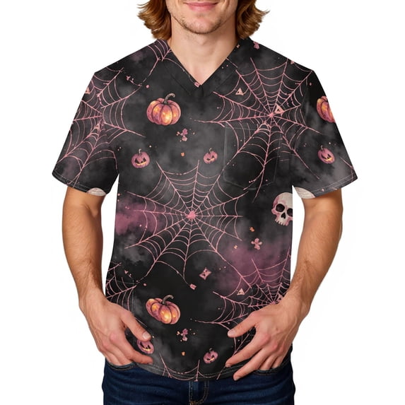 Scrubs for Men Halloween Plus Size V Neck Spooky Pumpkins Printed Scrub Tops Funny Short Sleeve Scrub Shirts