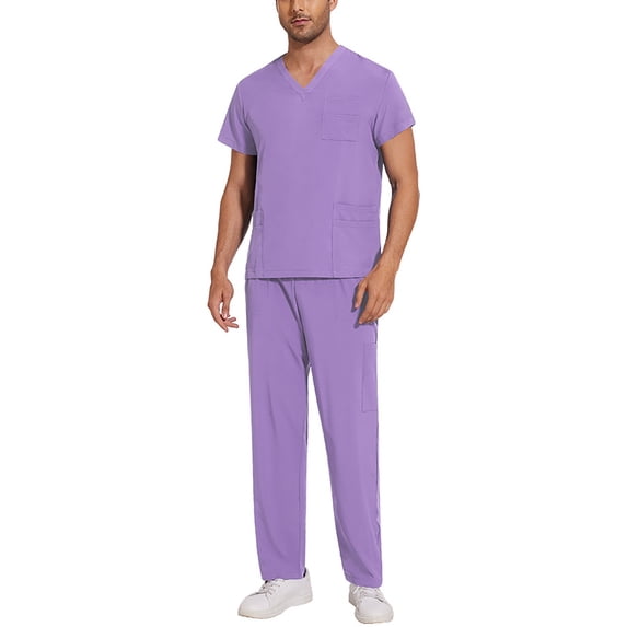 Scrubs for Men, Men's Medical Scrub Sets, V-Neck Short Sleeve Scrubs Top & Cargo Pants with Pockets L 02-Light Purple