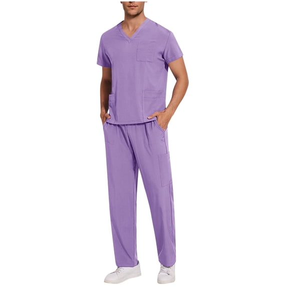 Scrubs for Men Set 2026 Spring Summer Uniform Stretchy V-Neck Scrub Top & Cargo Pant with Multi Pockets