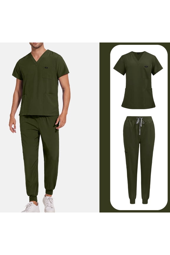 Scrubs for Men Set – Medical Uniform, Binding Top and Drawstring Pants Mens Scrub Sets Army Green S