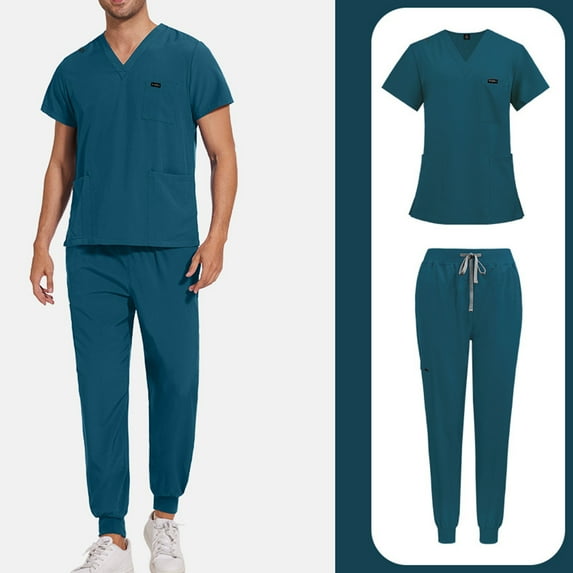 Scrubs for Men Set – Medical Uniform, Binding Top and Drawstring Pants Mens Scrub Sets Blue M