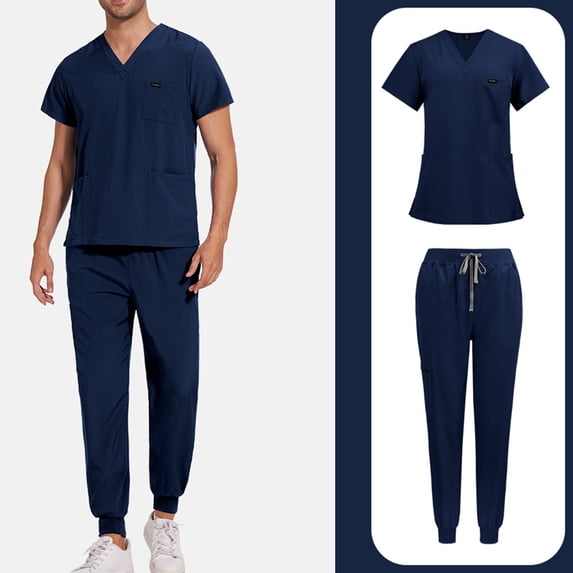 Scrubs for Men Set – Medical Uniform, Binding Top and Drawstring Pants Mens Scrub Sets Dark Blue L