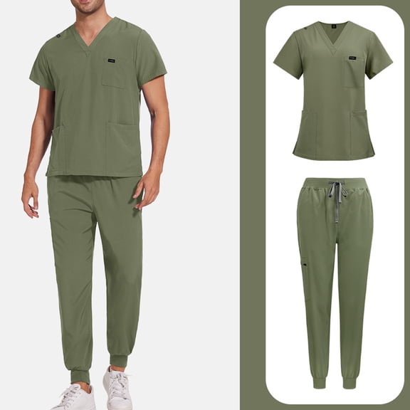 Scrubs for Men Set – Medical Uniform, Binding Top and Drawstring Pants Mens Scrub Sets Dark Green M