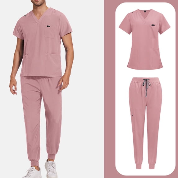 Scrubs for Men Set – Medical Uniform, Binding Top and Drawstring Pants Mens Scrub Sets Pink S