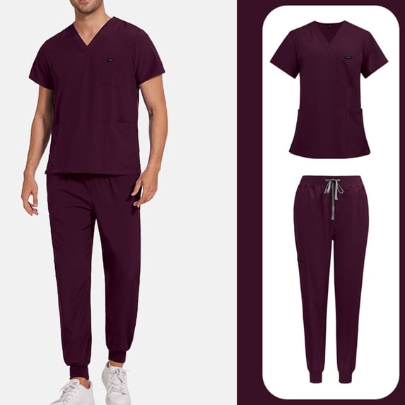 Scrubs for Men Set – Medical Uniform, Binding Top and Drawstring Pants Mens Scrub Sets Wine S