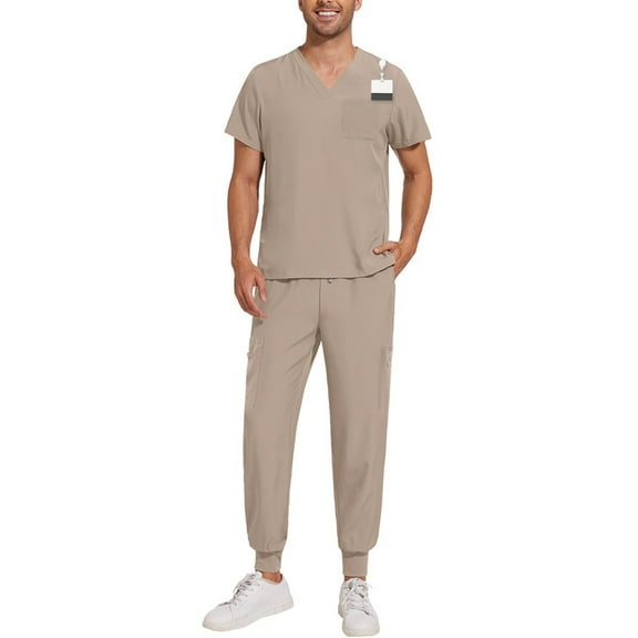 Scrubs for Men Set, Modern V Neck Scrub Top & Jogger Pant with 8 Pockets Professionals Soft Stretch Medical Nursing Uniforms Set (Khaki)