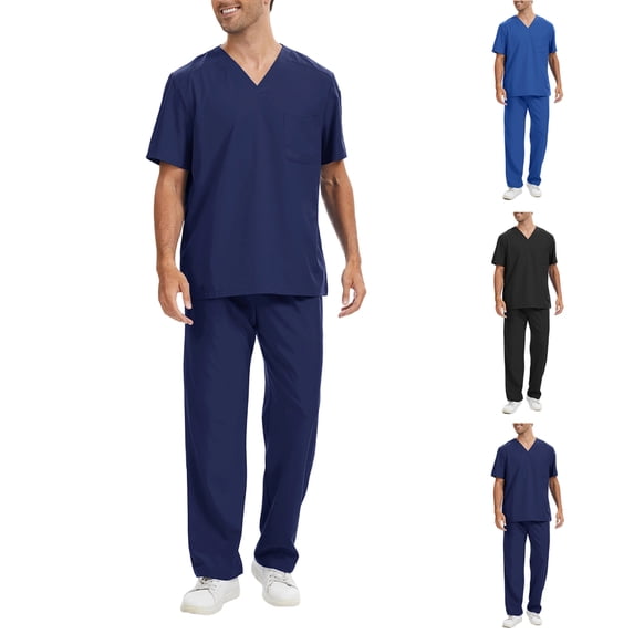 Scrubs for Men Set Short Sleeve V Neck Scrubs Top and Jogger Wide Leg Pants Wrinkle-Resist Healthcare 2 Pieces Outfit, S