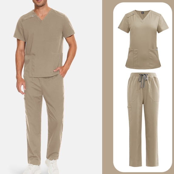 Scrubs for Men Set Solid Medical Uniform Stretch V-Neck Scrub Top & Jogger Pant with Pockets L 01-Khaki