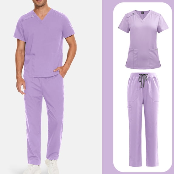 Scrubs for Men Set Solid Medical Uniform Stretch V-Neck Scrub Top & Jogger Pant with Pockets S 01-Purple
