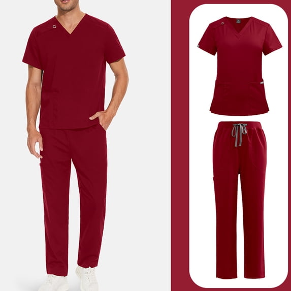 Scrubs for Men Set Solid Medical Uniform Stretch V-Neck Scrub Top & Jogger Pant with Pockets XXL 01-Red