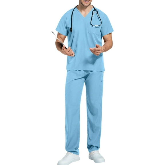 Scrubs for Men Set Stretch Scrub Tops & Cargo Pant Quick Drying Solid Color Medical Uniform with Pockets Light Blue XL