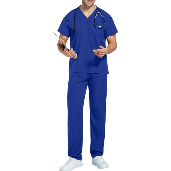 Scrubs for Men Set Stretch Scrub Tops & Cargo Pant Quick Drying Solid Color Medical Uniform with Pockets Royal Blue XL