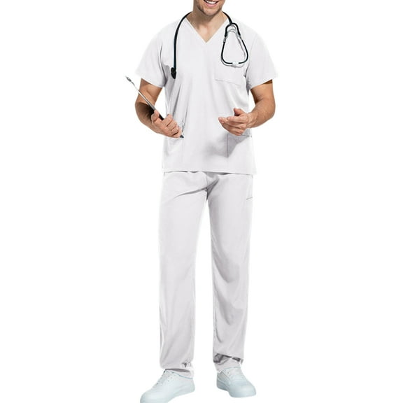 Scrubs for Men Set Stretch Scrub Tops & Cargo Pant Quick Drying Solid Color Medical Uniform with Pockets White M