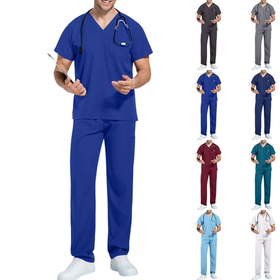 Scrubs for Men Set - V-Neck Scrub Top and Straight Leg Pants with Multi Pockets